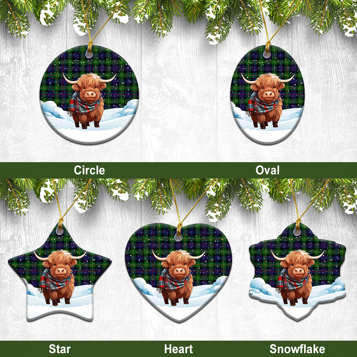 Baillie Tartan Christmas Ceramic Ornament - Highland Cows Snow Style