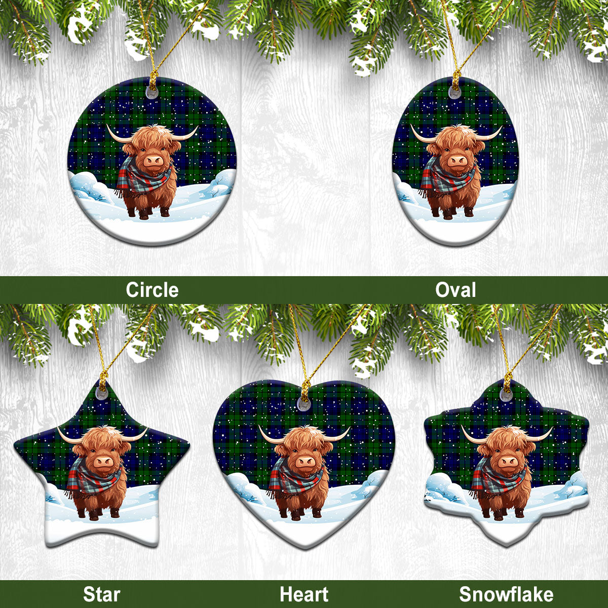 Bannatyne Tartan Christmas Ceramic Ornament - Highland Cows Snow Style