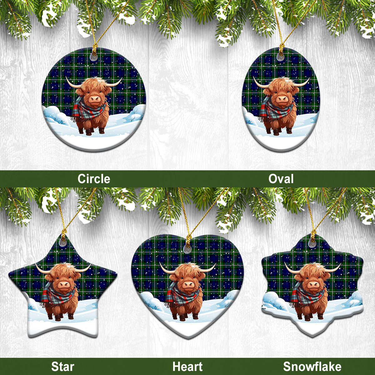 Bannerman Tartan Christmas Ceramic Ornament - Highland Cows Snow Style