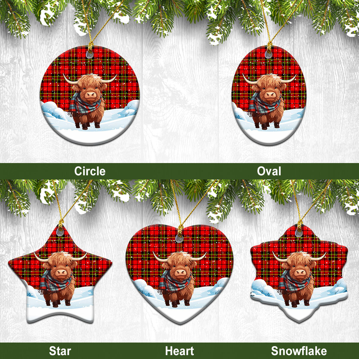 Brodie Modern Tartan Christmas Ceramic Ornament - Highland Cows Snow Style