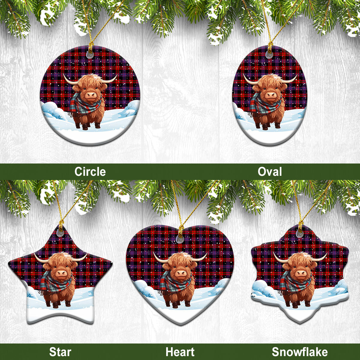 Brown Modern Tartan Christmas Ceramic Ornament - Highland Cows Snow Style