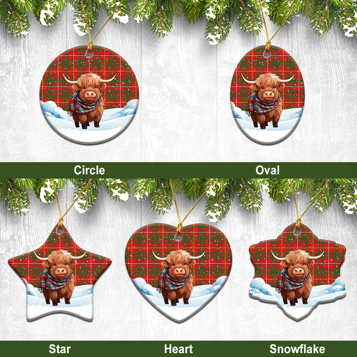 Bruce Modern Tartan Christmas Ceramic Ornament - Highland Cows Snow Style