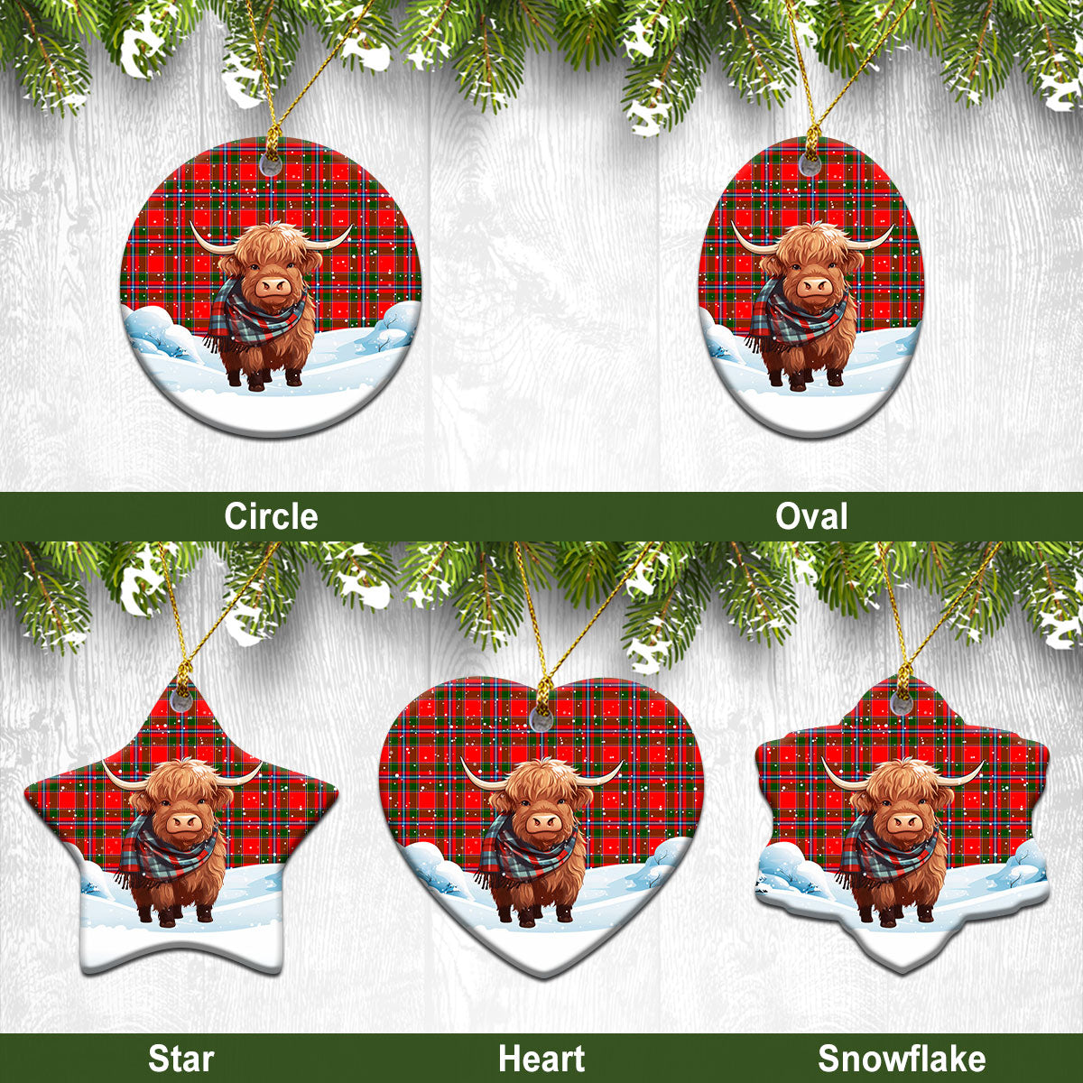 Butter Tartan Christmas Ceramic Ornament - Highland Cows Snow Style