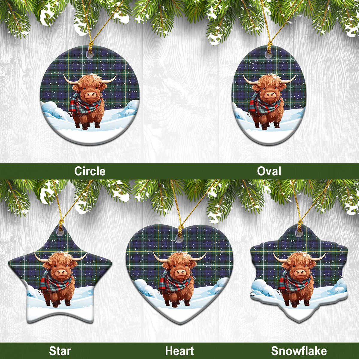 Campbell Argyll Modern Tartan Christmas Ceramic Ornament - Highland Cows Snow Style