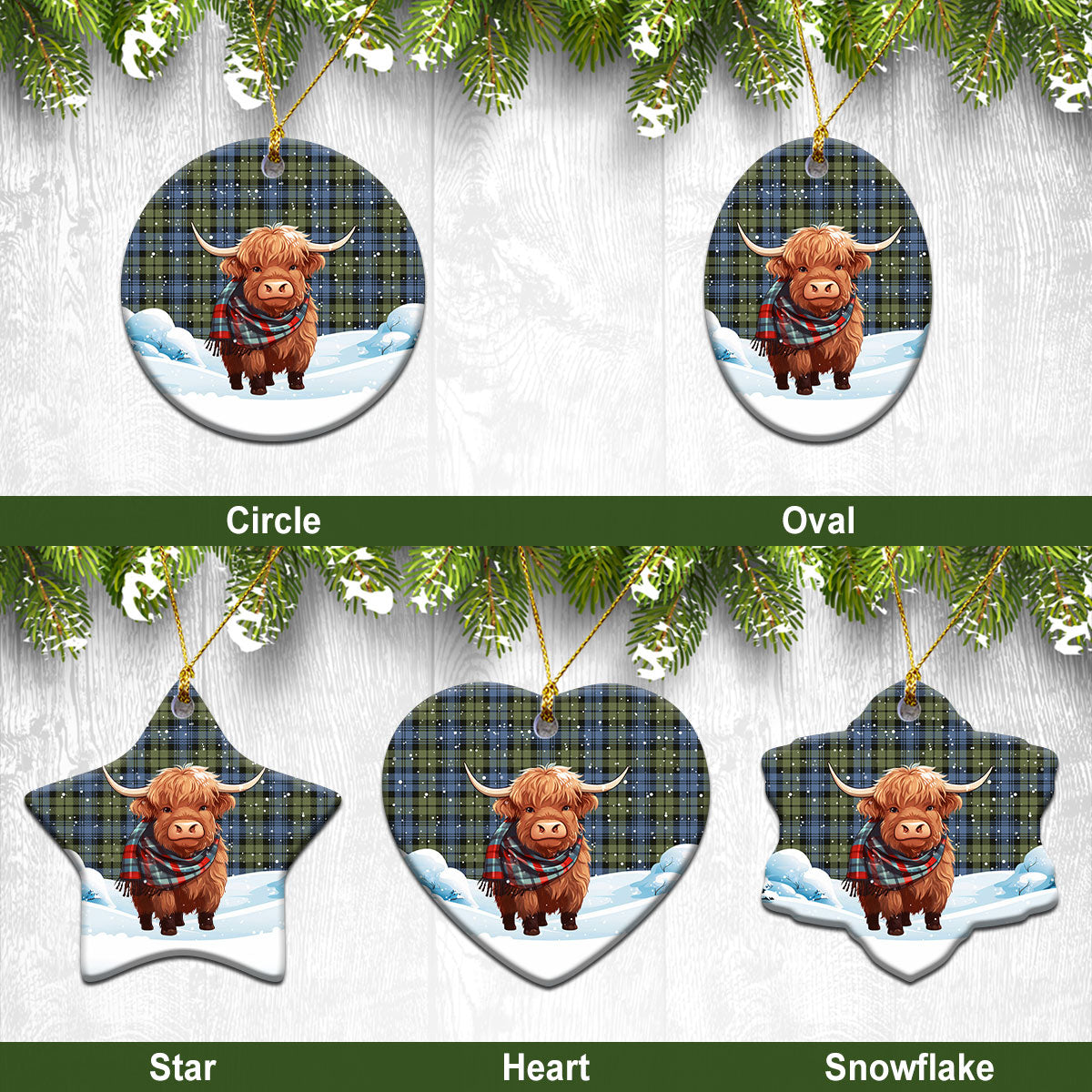 Campbell Faded Tartan Christmas Ceramic Ornament - Highland Cows Snow Style