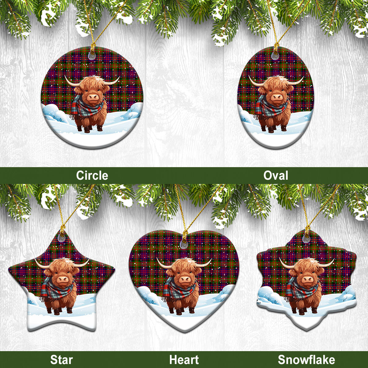 Carnegie Modern Tartan Christmas Ceramic Ornament - Highland Cows Snow Style