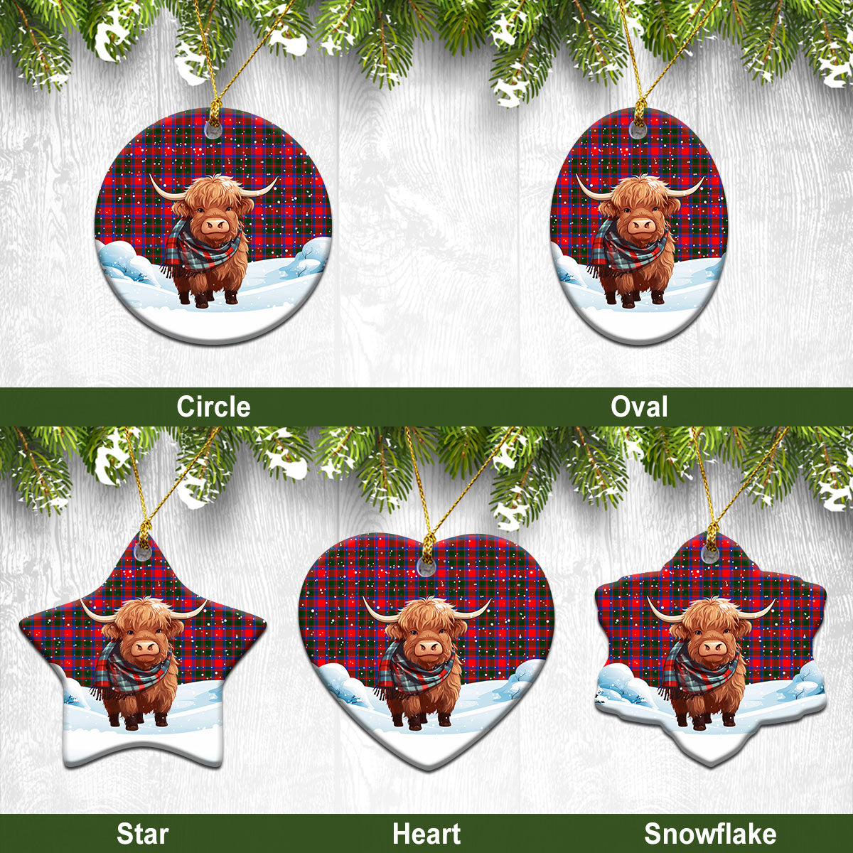 Carrick District Tartan Christmas Ceramic Ornament - Highland Cows Snow Style