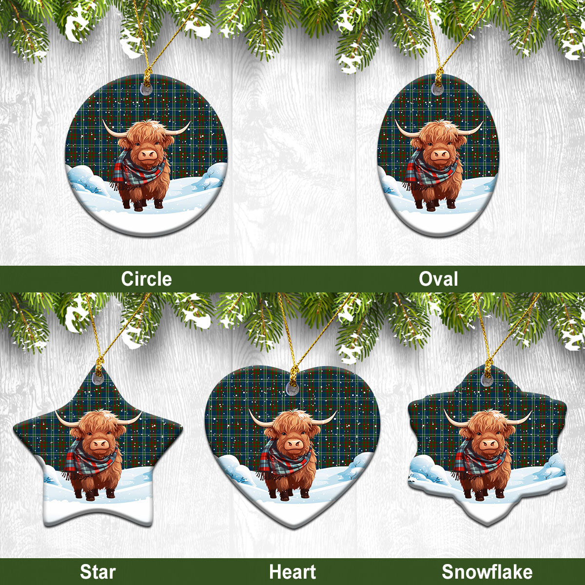 Cathcart Tartan Christmas Ceramic Ornament - Highland Cows Snow Style