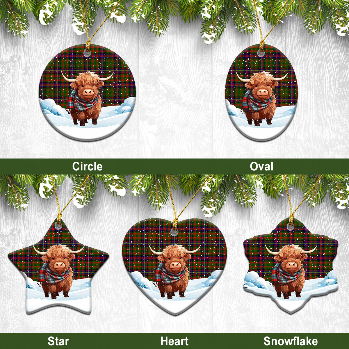 Cochrane Modern Tartan Christmas Ceramic Ornament - Highland Cows Snow Style