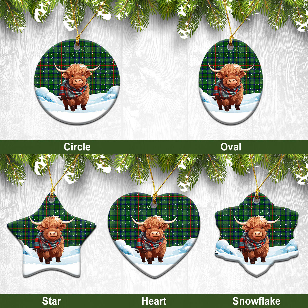 Cranstoun Tartan Christmas Ceramic Ornament - Highland Cows Snow Style