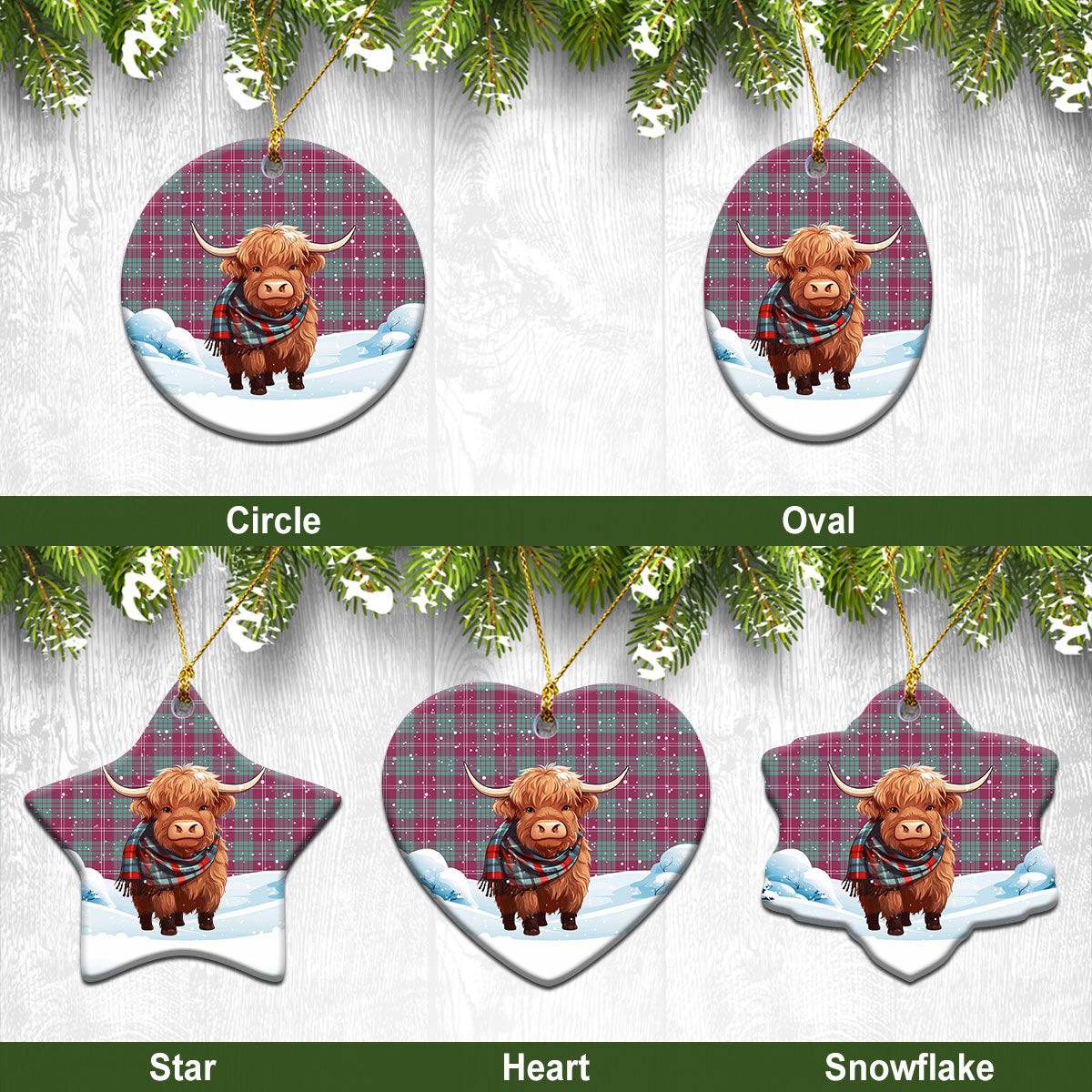 Crawford Ancient Tartan Christmas Ceramic Ornament - Highland Cows Snow Style