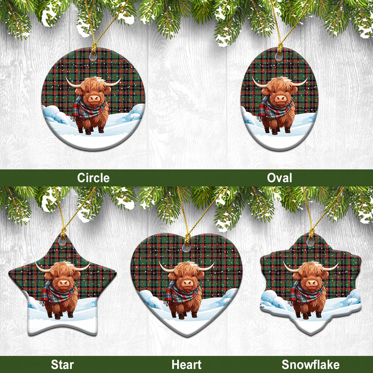 Cumming Hunting Ancient Tartan Christmas Ceramic Ornament - Highland Cows Snow Style