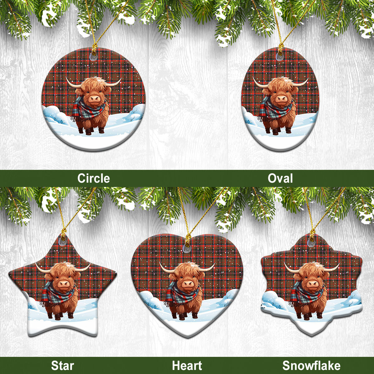 Cumming Hunting Weathered Tartan Christmas Ceramic Ornament - Highland Cows Snow Style