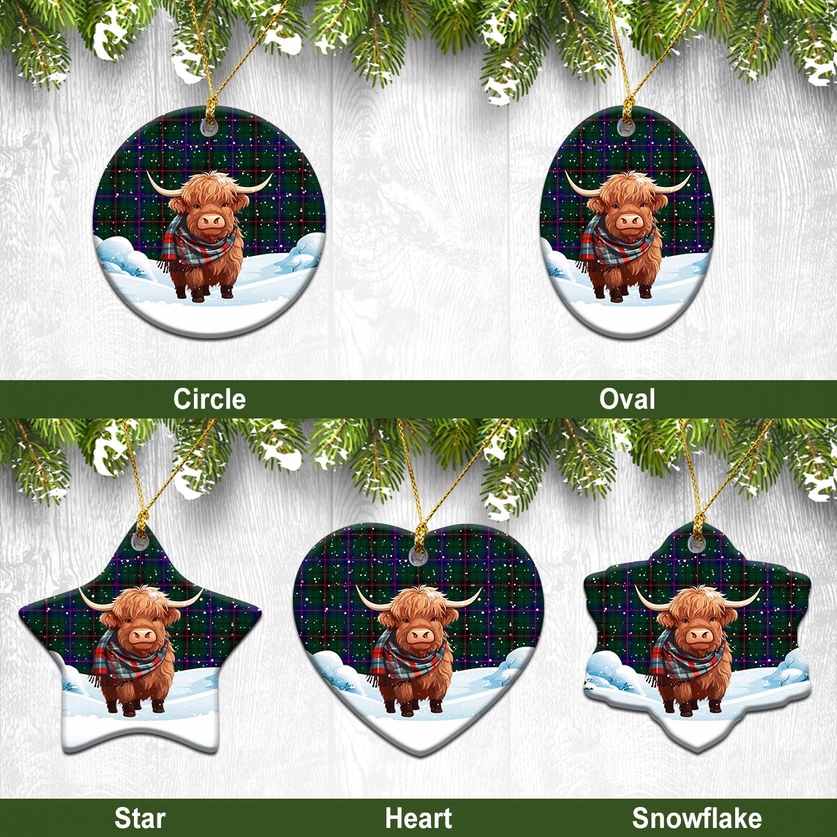 Davidson Modern Tartan Christmas Ceramic Ornament - Highland Cows Snow Style