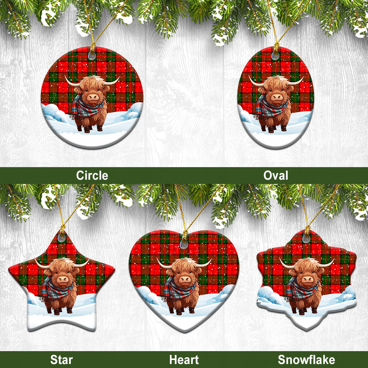 Dunbar Modern Tartan Christmas Ceramic Ornament - Highland Cows Snow Style