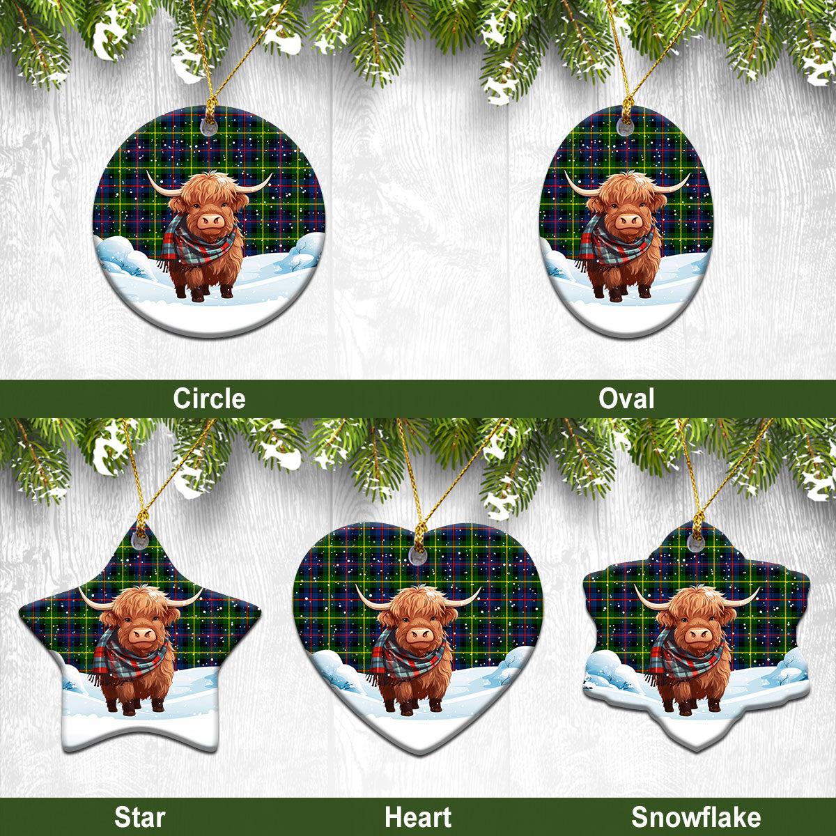 Farquharson Modern Tartan Christmas Ceramic Ornament - Highland Cows Snow Style