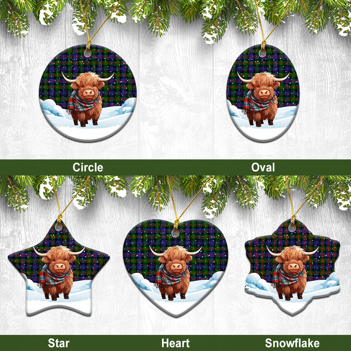 Fleming Tartan Christmas Ceramic Ornament - Highland Cows Snow Style