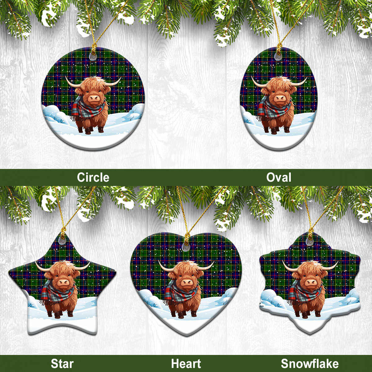 Forsyth Modern Tartan Christmas Ceramic Ornament - Highland Cows Snow Style