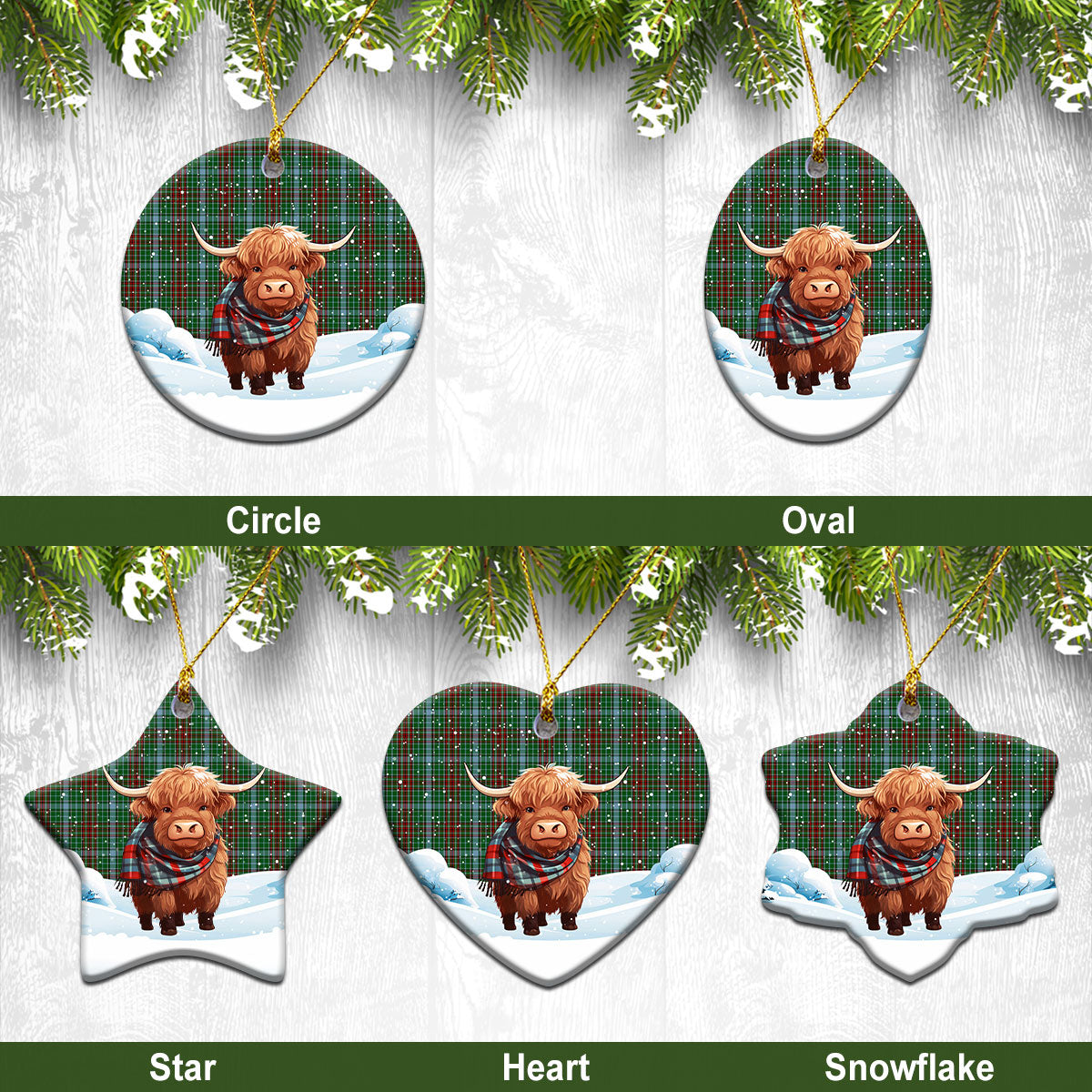 Gayre Tartan Christmas Ceramic Ornament - Highland Cows Snow Style