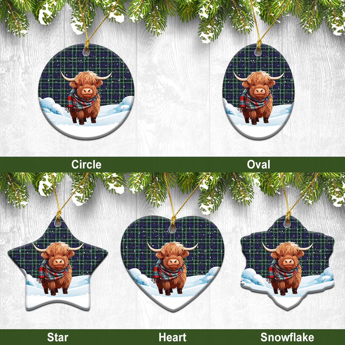 Graham of Montrose Modern Tartan Christmas Ceramic Ornament - Highland Cows Snow Style