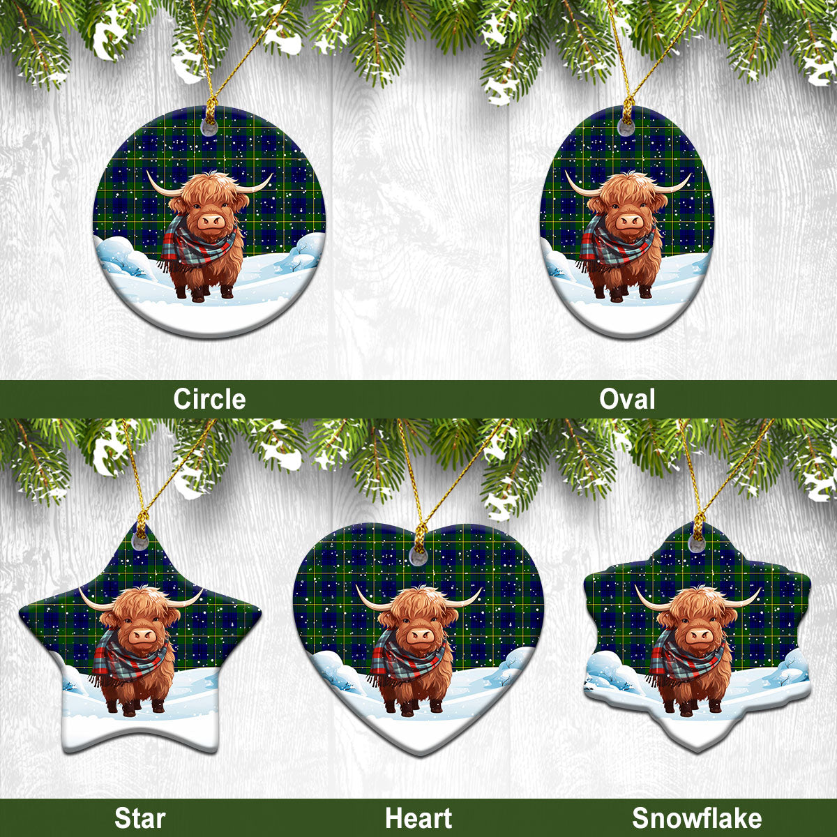 Johnson Modern Tartan Christmas Ceramic Ornament - Highland Cows Snow Style