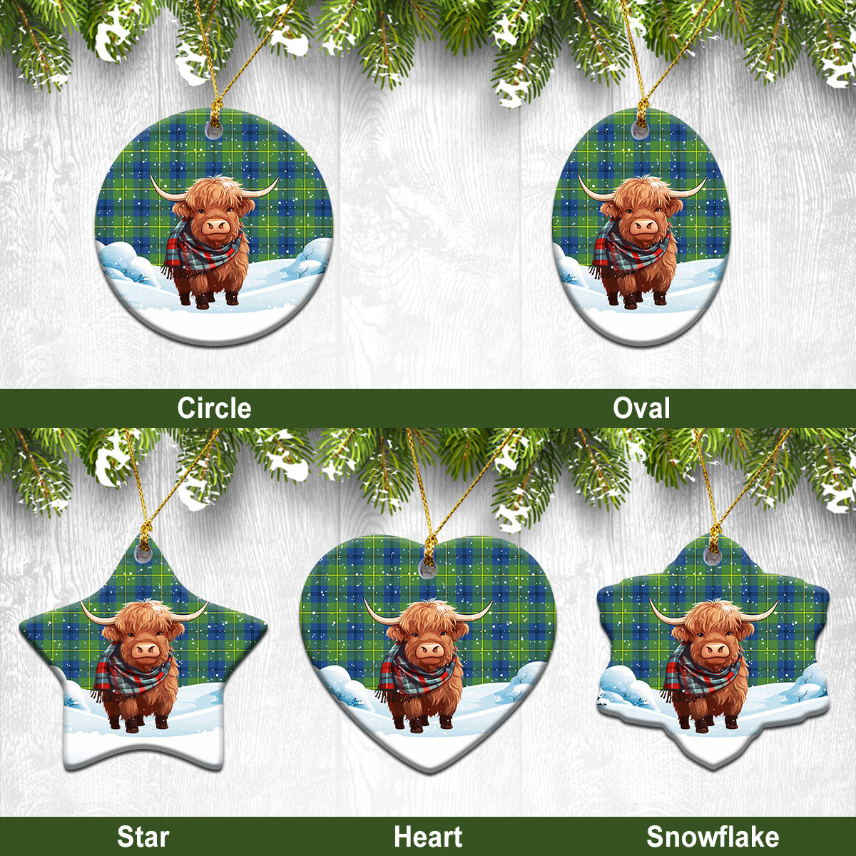 Johnston Ancient Tartan Christmas Ceramic Ornament - Highland Cows Snow Style