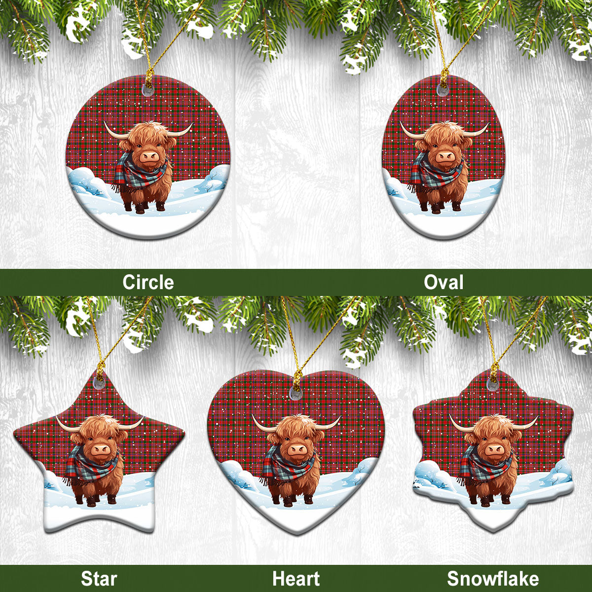 MacAlister Modern Tartan Christmas Ceramic Ornament - Highland Cows Snow Style