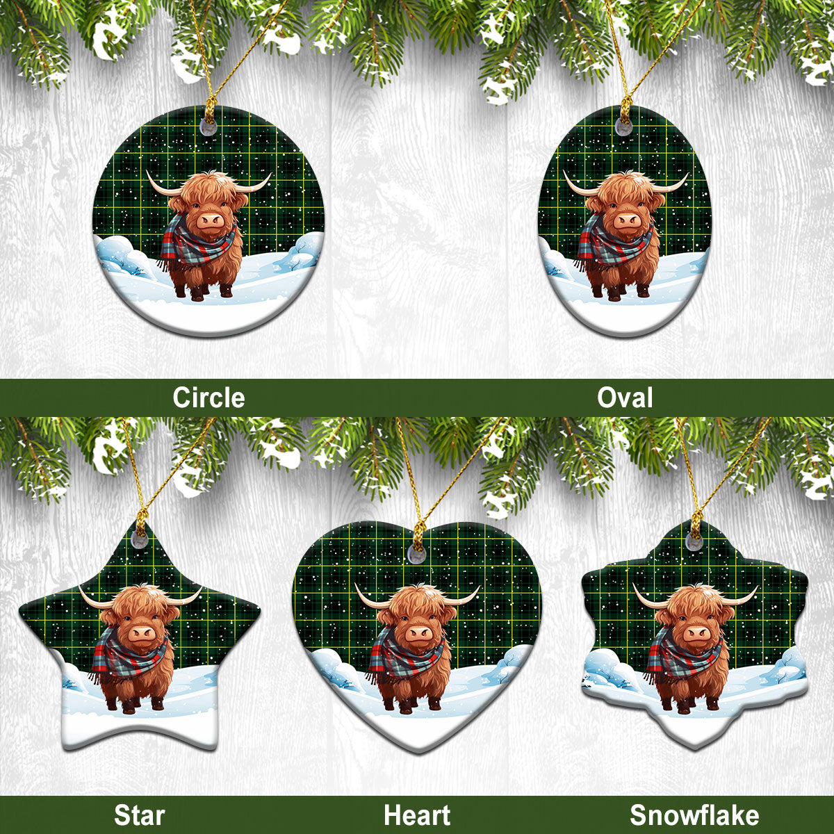 MacArthur Modern Tartan Christmas Ceramic Ornament - Highland Cows Snow Style