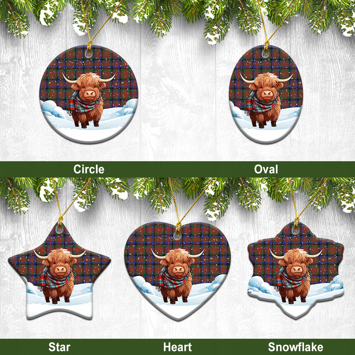 MacDuff Hunting Modern Tartan Christmas Ceramic Ornament - Highland Cows Snow Style