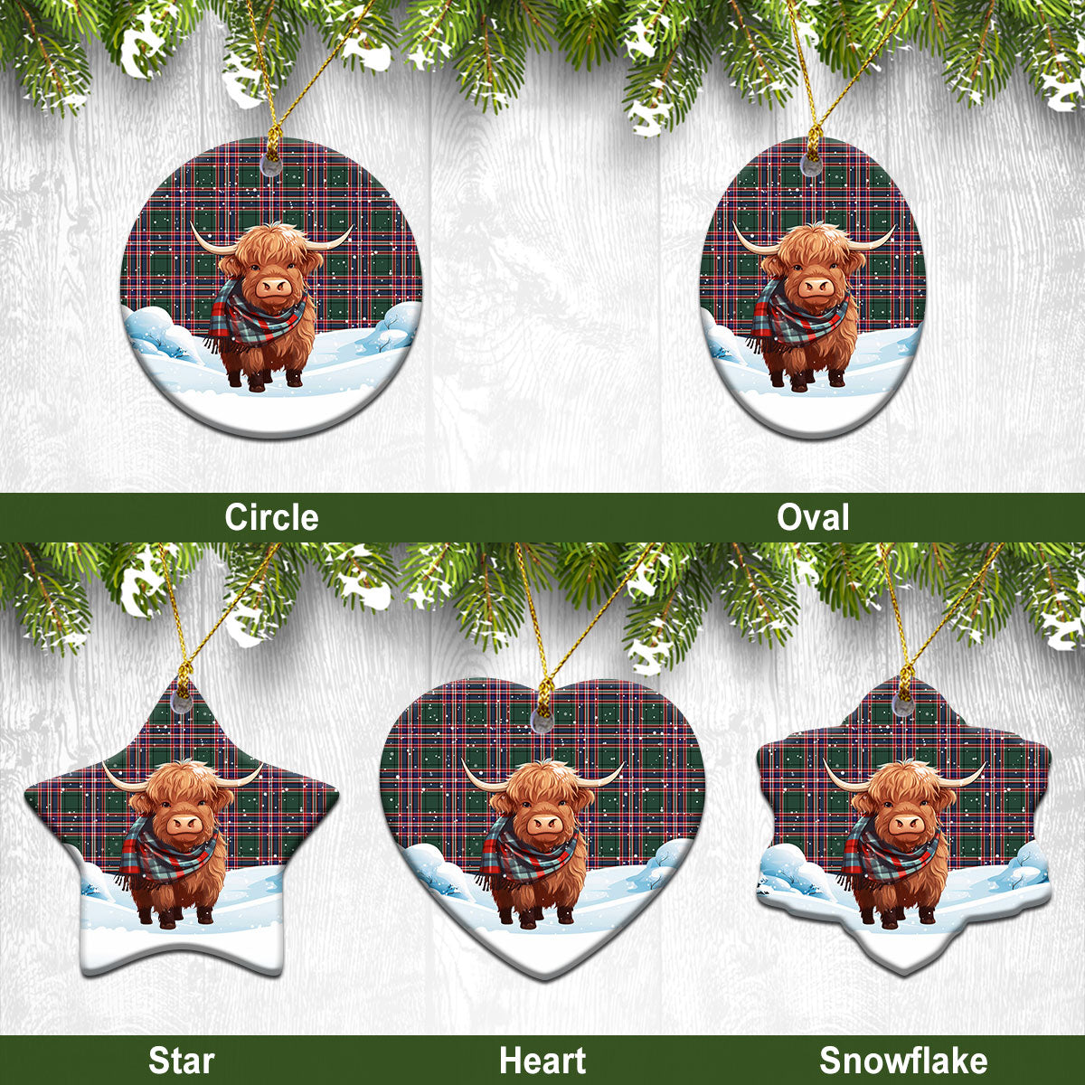 MacFarlane Hunting Modern Tartan Christmas Ceramic Ornament - Highland Cows Snow Style