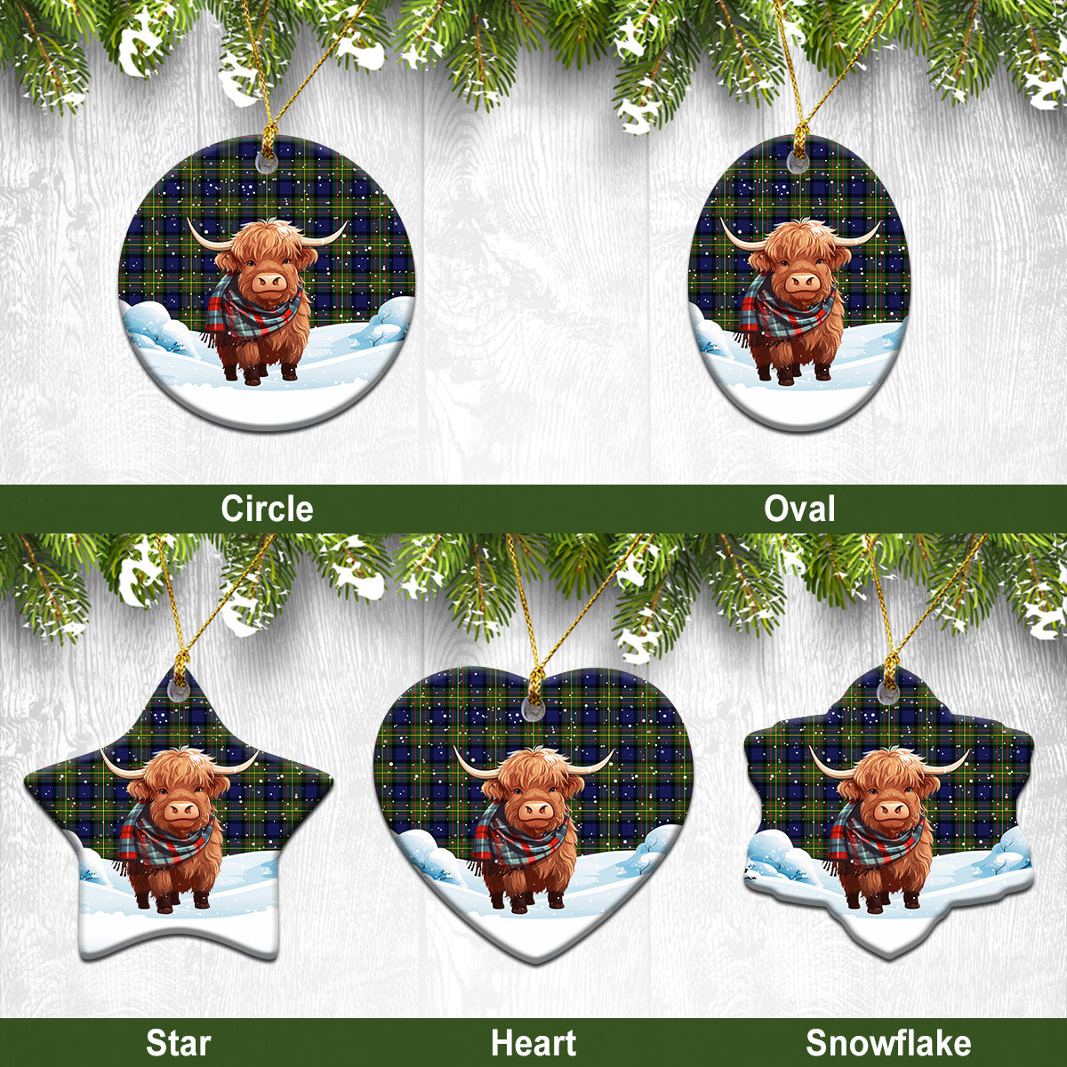 MacLaren Modern Tartan Christmas Ceramic Ornament - Highland Cows Snow Style