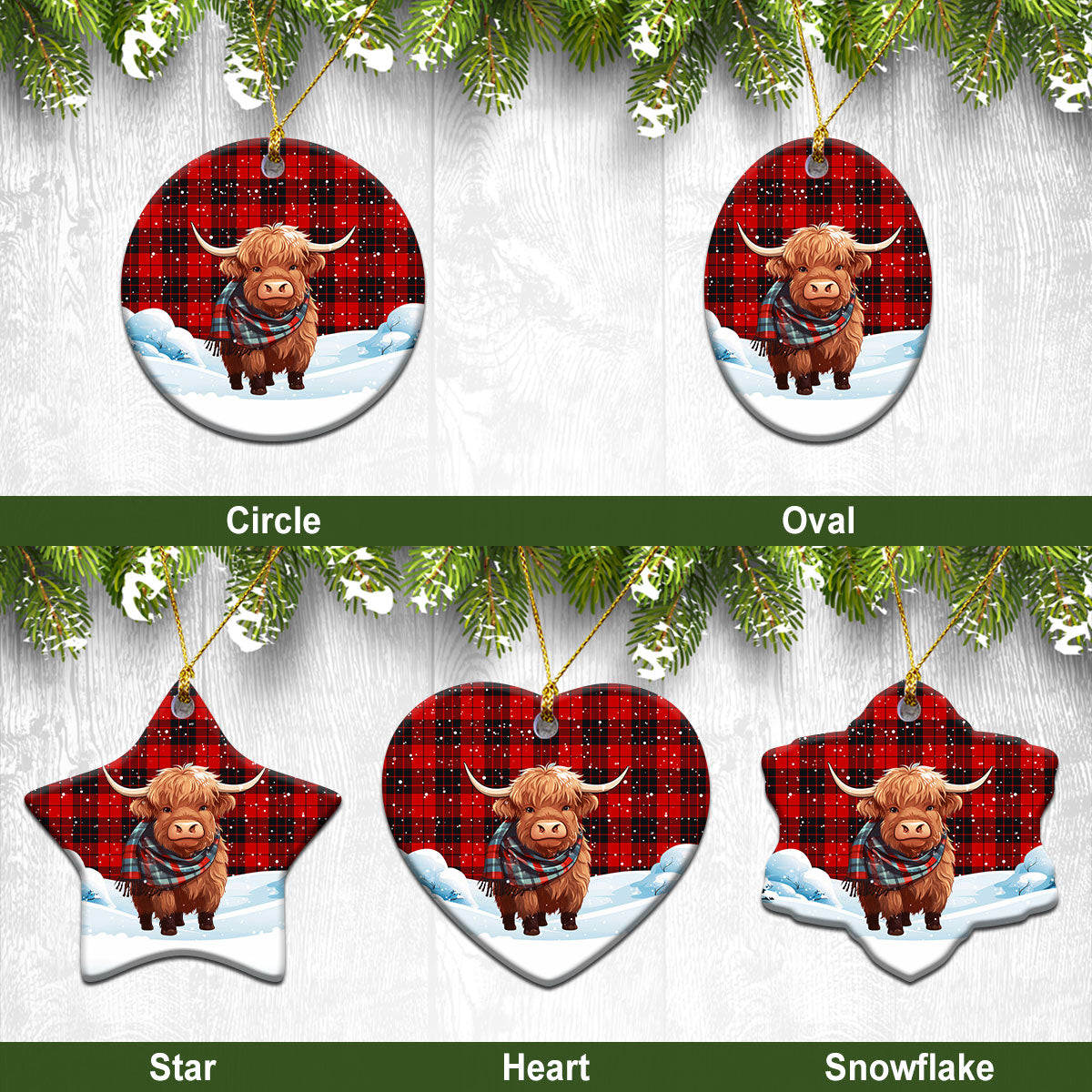 MacLeod of Raasay Tartan Christmas Ceramic Ornament - Highland Cows Snow Style