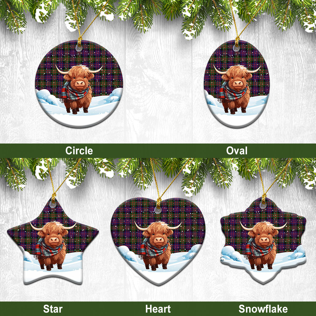 McBrayne Tartan Christmas Ceramic Ornament - Highland Cows Snow Style