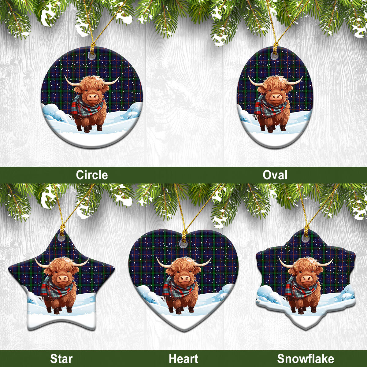 McLafferty Tartan Christmas Ceramic Ornament - Highland Cows Snow Style