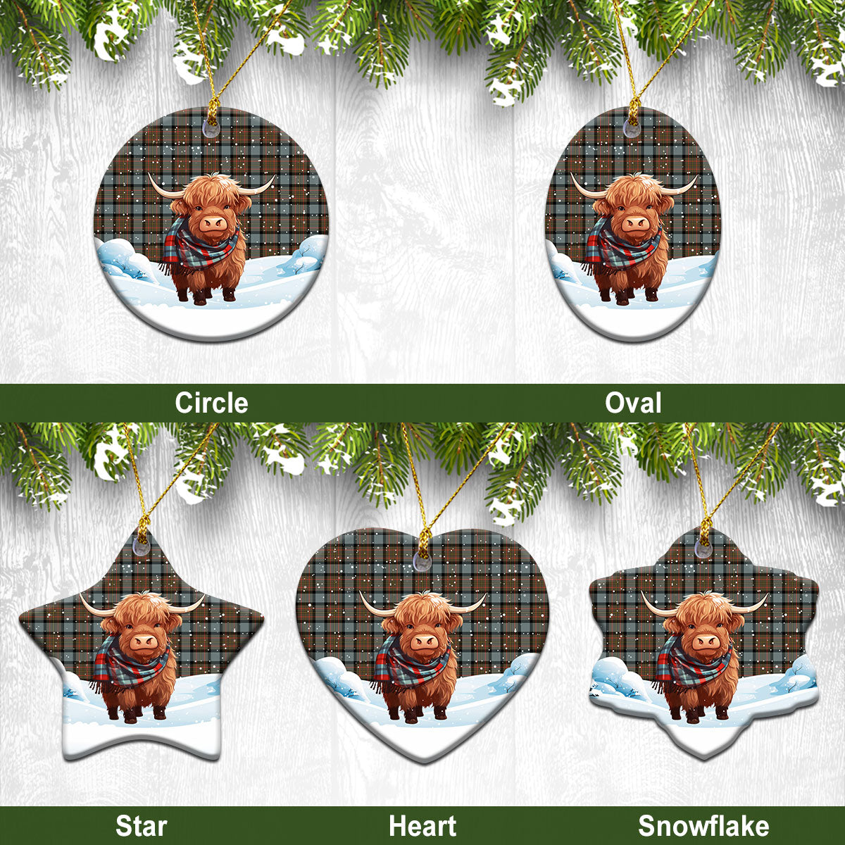 McLaren Weathered Tartan Christmas Ceramic Ornament - Highland Cows Snow Style