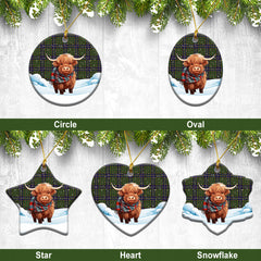 McMillan Hunting Modern Tartan Christmas Ceramic Ornament - Highland Cows Snow Style