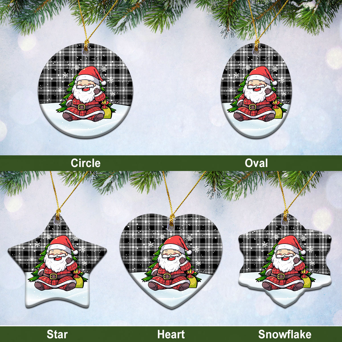 Menzies Black - White Modern Tartan Christmas Ceramic Ornament - Scottish Santa Style