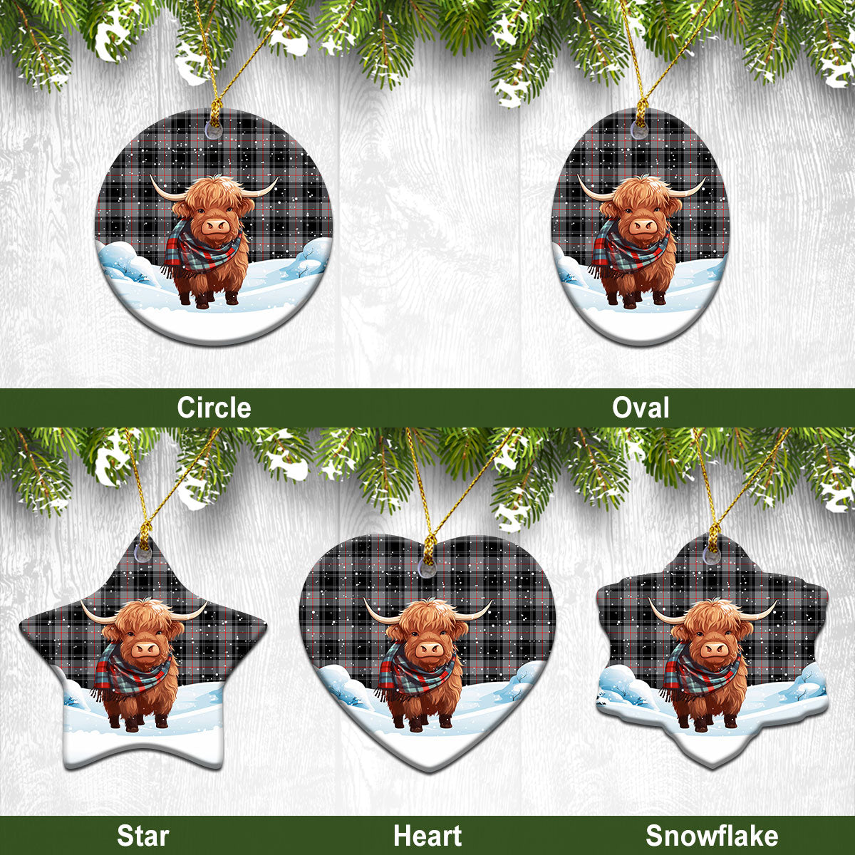 Moffat Modern Tartan Christmas Ceramic Ornament - Highland Cows Snow Style