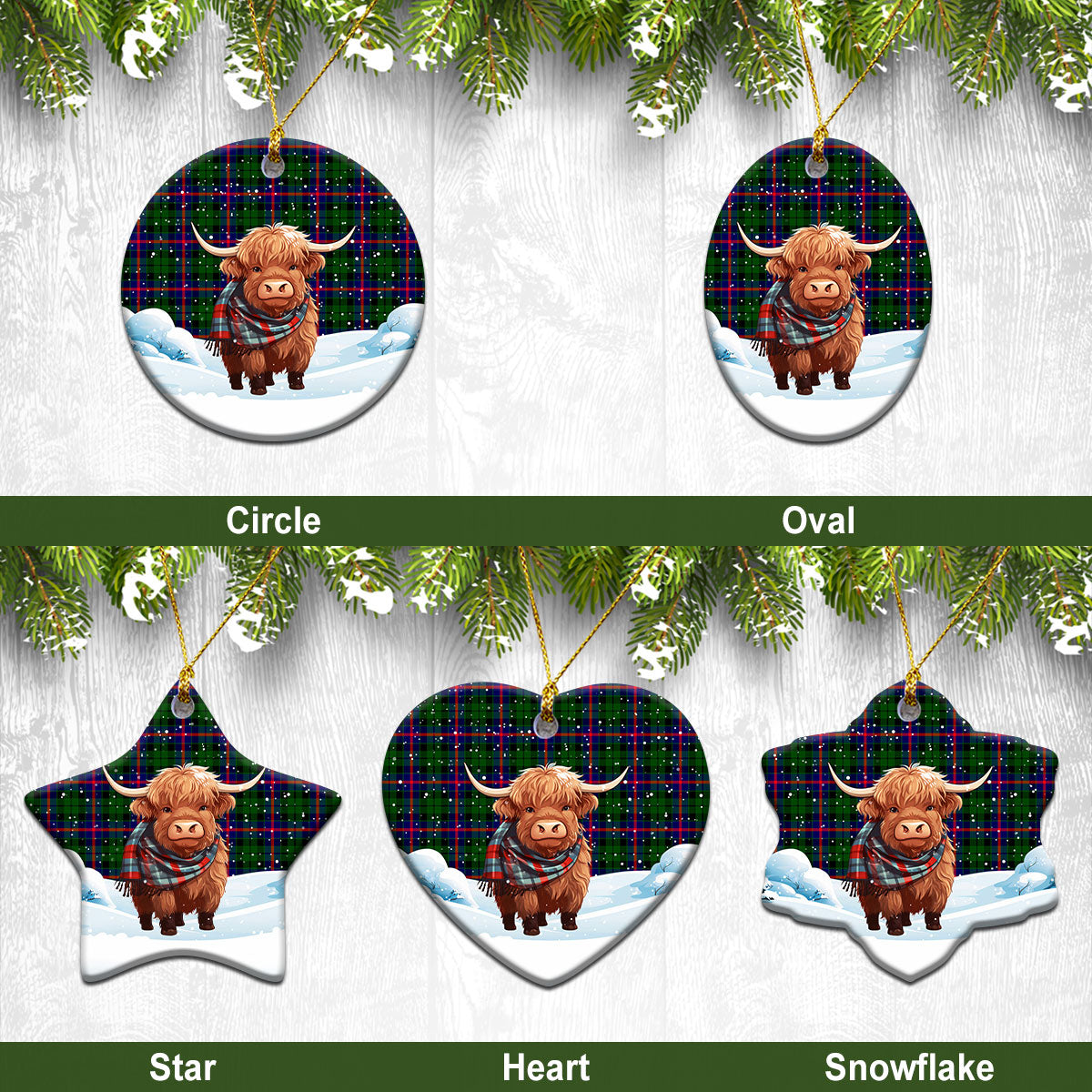 Morrison Modern Tartan Christmas Ceramic Ornament - Highland Cows Snow Style