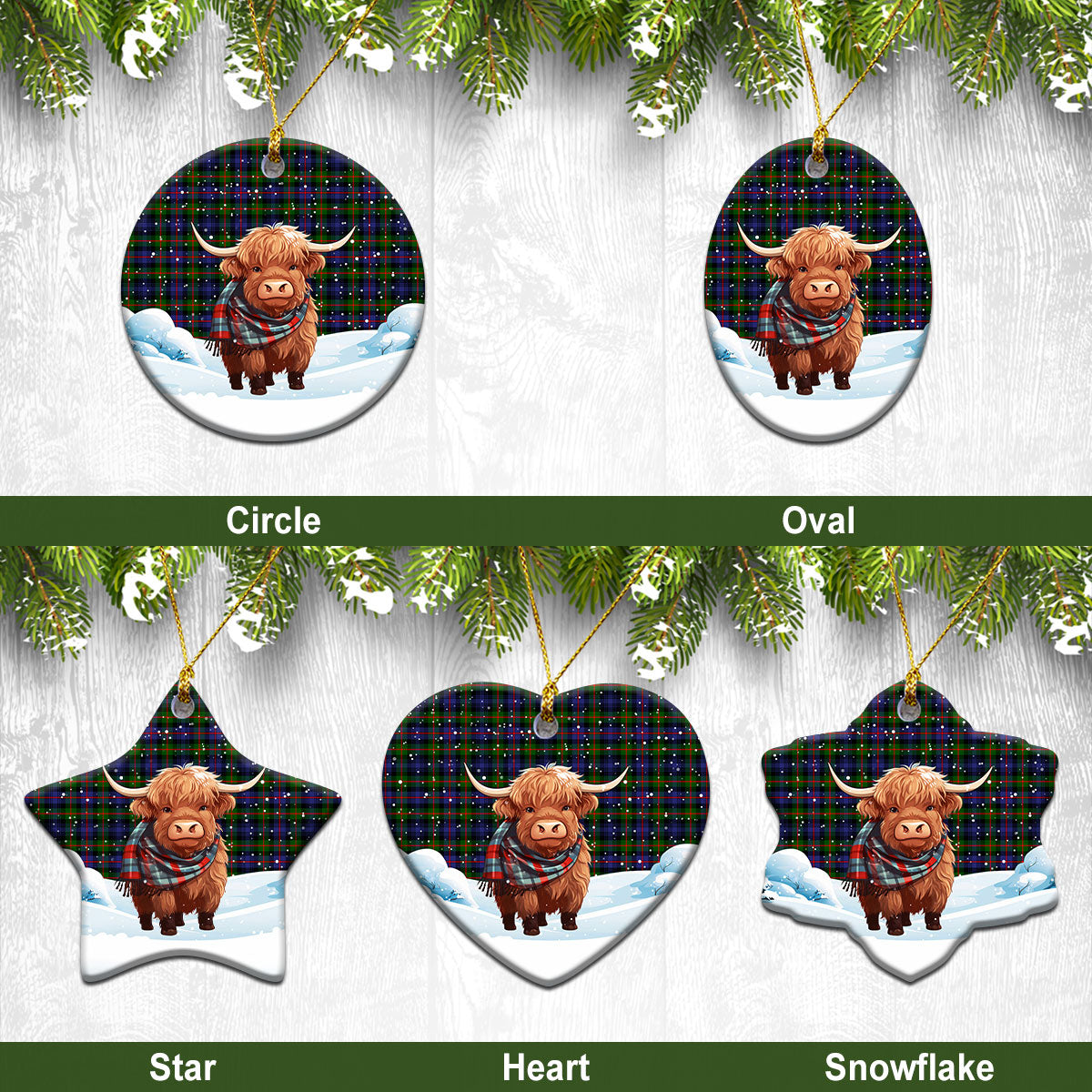 Murray of Atholl Modern Tartan Christmas Ceramic Ornament - Highland Cows Snow Style