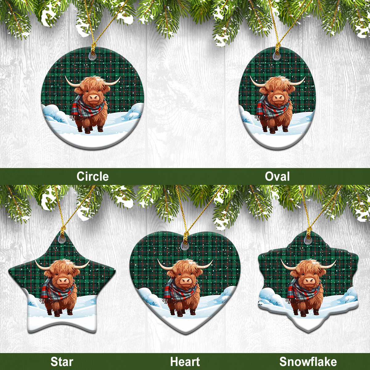 Ross Hunting Modern Tartan Christmas Ceramic Ornament - Highland Cows Snow Style