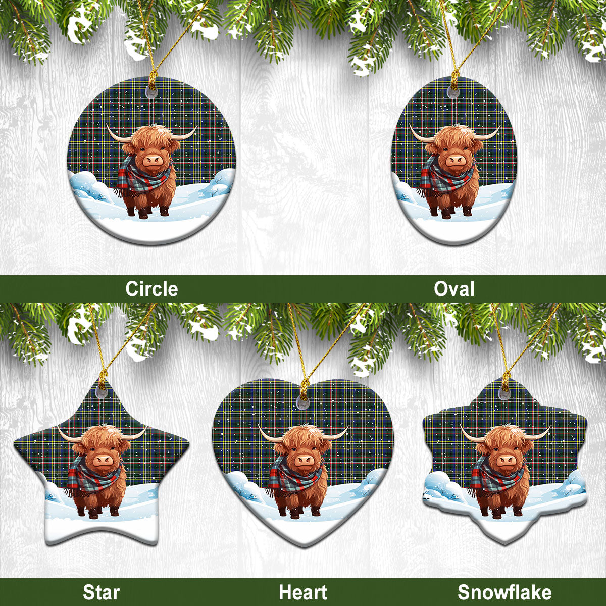 Scott Green Modern Tartan Christmas Ceramic Ornament - Highland Cows Snow Style