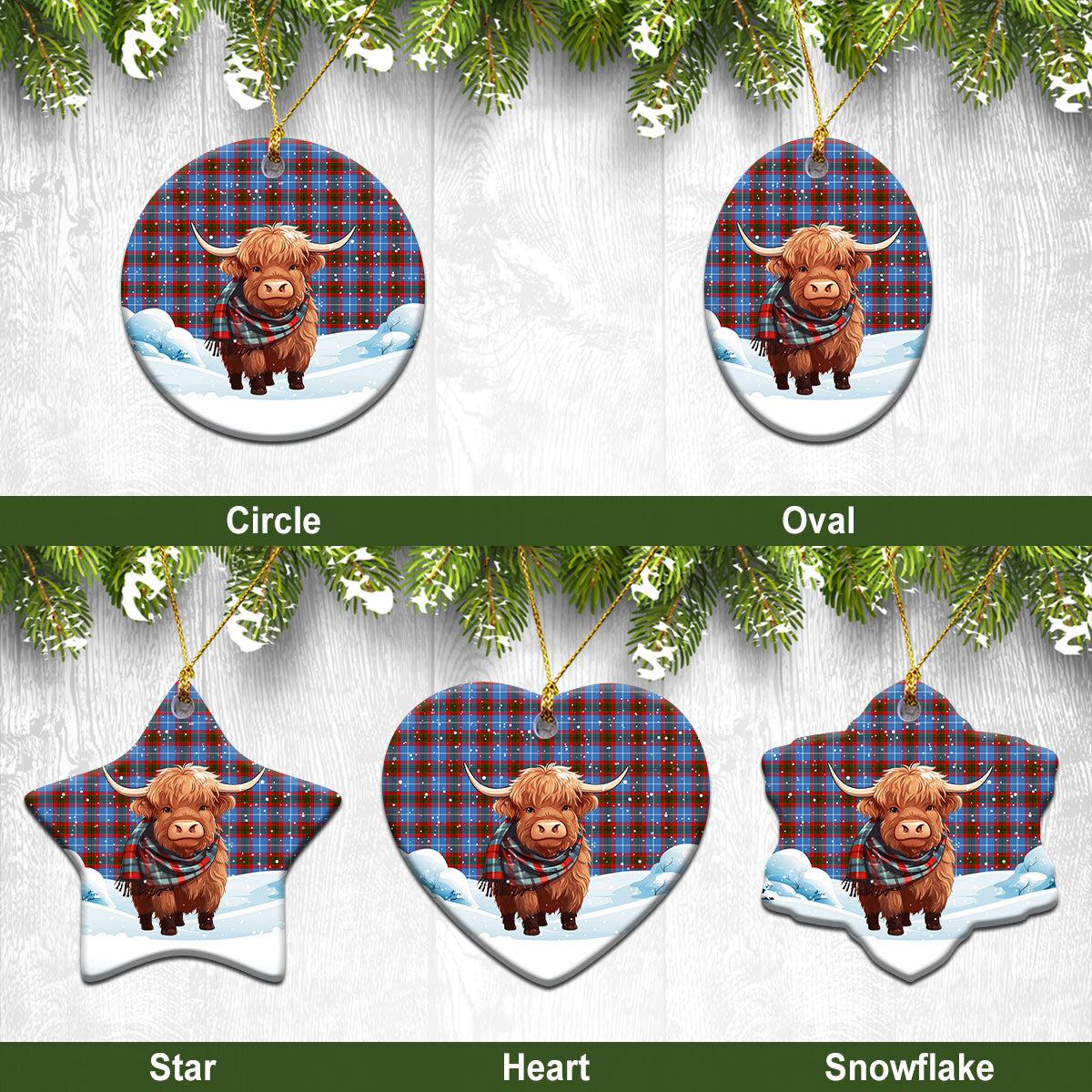 Skirving Tartan Christmas Ceramic Ornament - Highland Cows Snow Style