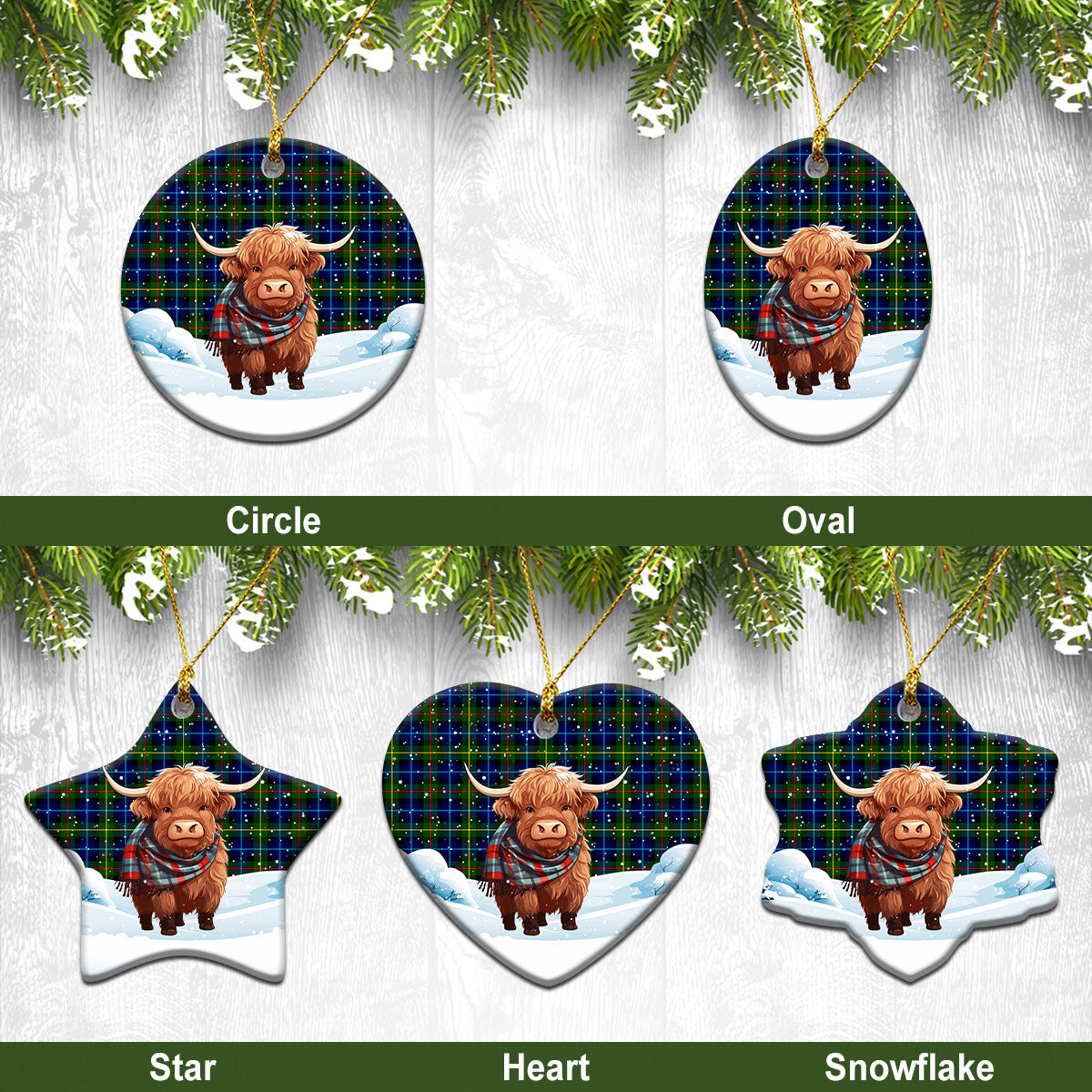 Smith Modern Tartan Christmas Ceramic Ornament - Highland Cows Snow Style