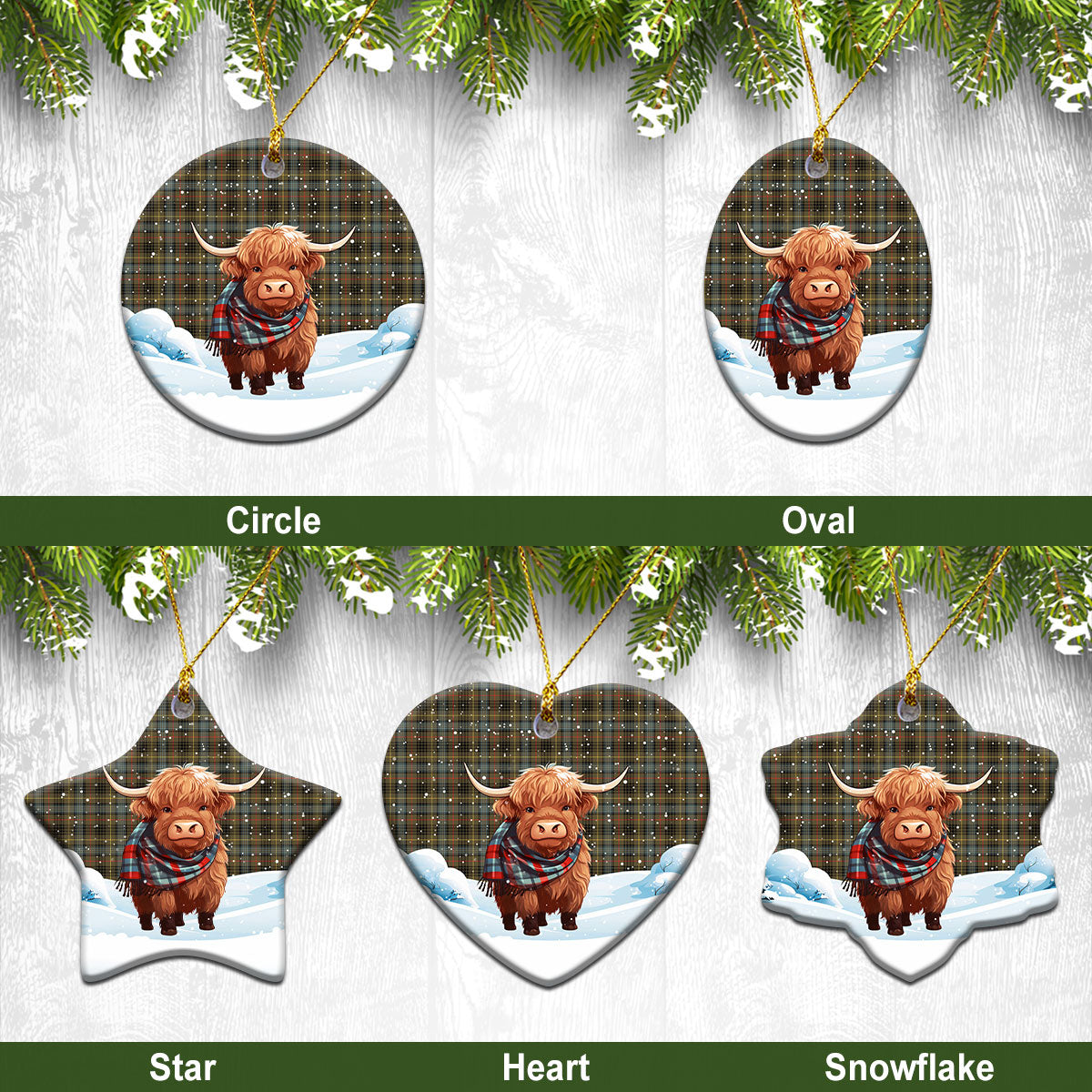 Stewart Hunting Weathered Tartan Christmas Ceramic Ornament - Highland Cows Snow Style