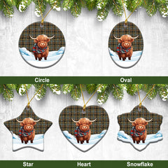 Stewart Hunting Weathered Tartan Christmas Ceramic Ornament - Highland Cows Snow Style