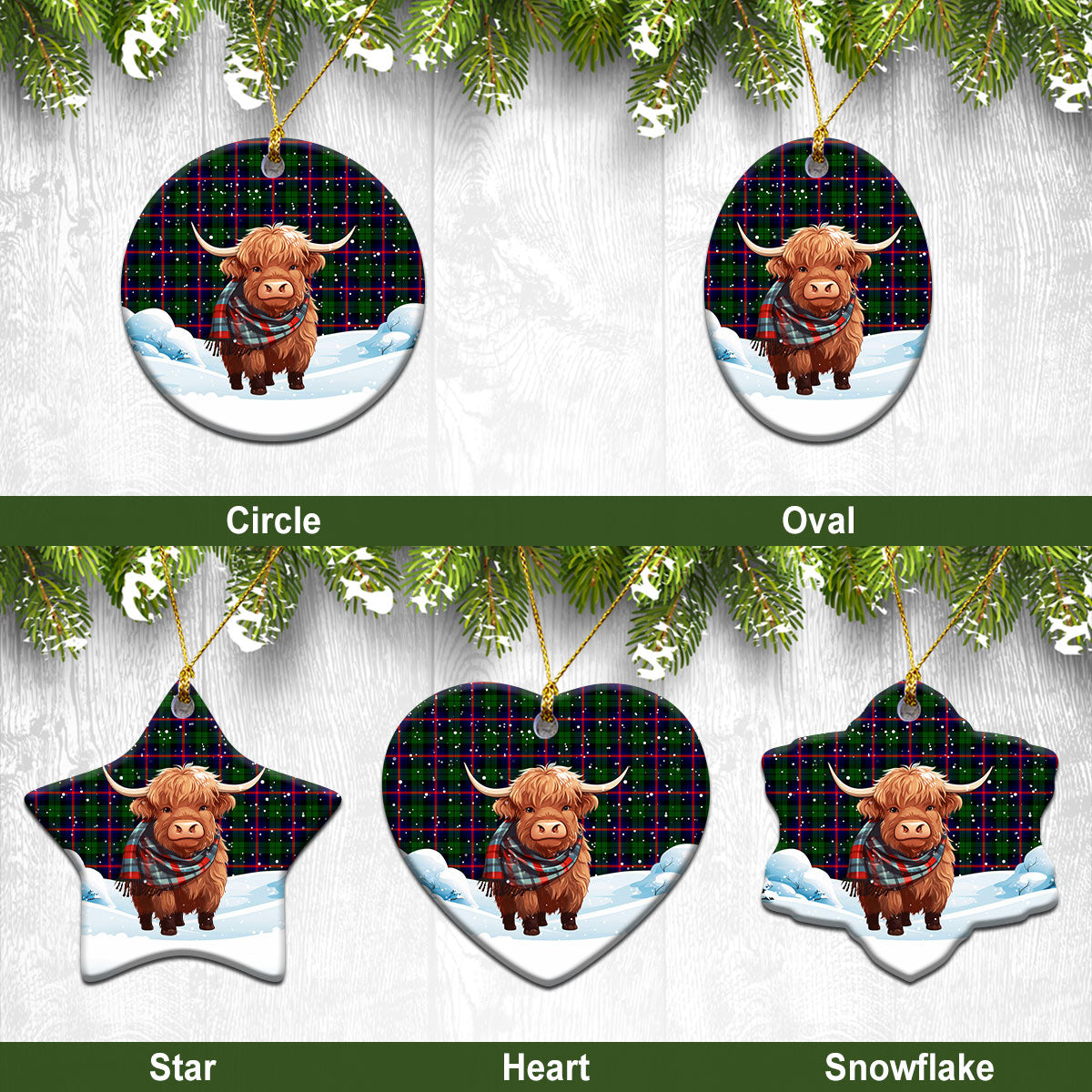 Urquhart Modern Tartan Christmas Ceramic Ornament - Highland Cows Snow Style