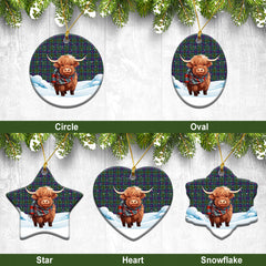 Wood Tartan Christmas Ceramic Ornament - Highland Cows Snow Style