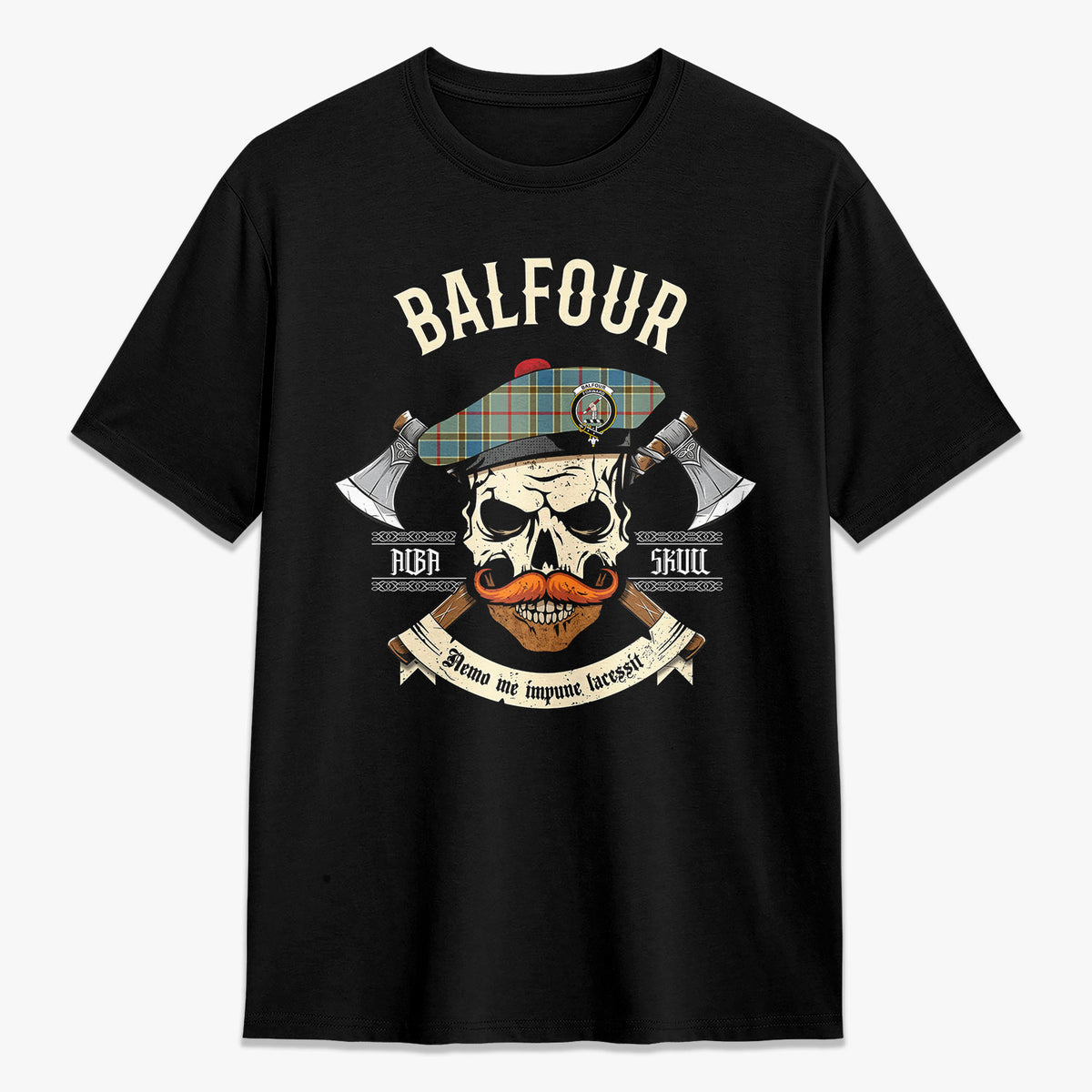 Balfour Blue Tartan Crest 2D T-shirt - Alba Skull Style