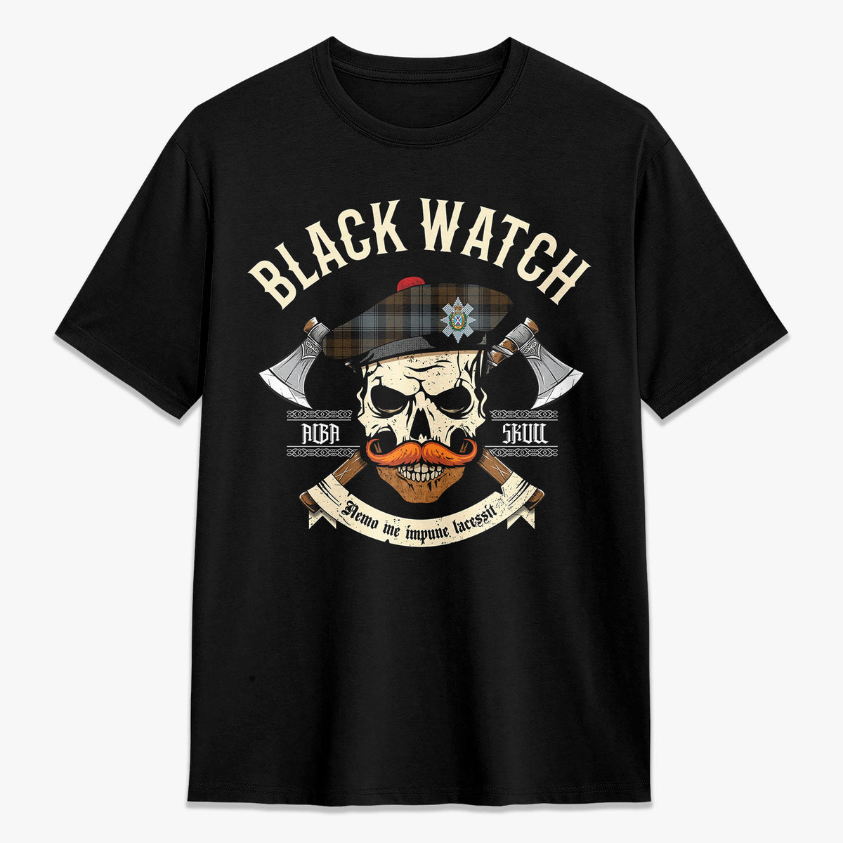 Black Watch Weathered Tartan Crest 2D T-shirt - Alba Skull Style